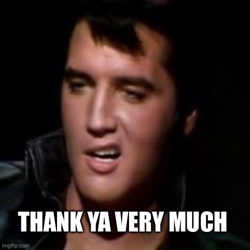 Elvis, thank you | THANK YA VERY MUCH | image tagged in elvis thank you | made w/ Imgflip meme maker