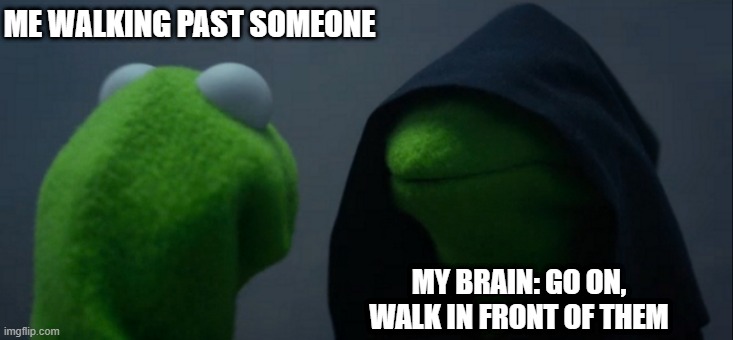 Evil Kermit | ME WALKING PAST SOMEONE; MY BRAIN: GO ON, WALK IN FRONT OF THEM | image tagged in memes,evil kermit | made w/ Imgflip meme maker