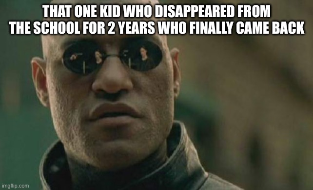 That was me actually I disappeared for 2 years then I came back | THAT ONE KID WHO DISAPPEARED FROM THE SCHOOL FOR 2 YEARS WHO FINALLY CAME BACK | image tagged in memes,matrix morpheus | made w/ Imgflip meme maker