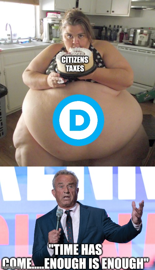 The scurge of indulgence | CITIZENS TAXES; "TIME HAS COME.....ENOUGH IS ENOUGH" | image tagged in happy birthday fat girl,robert kennedy jr on mic | made w/ Imgflip meme maker