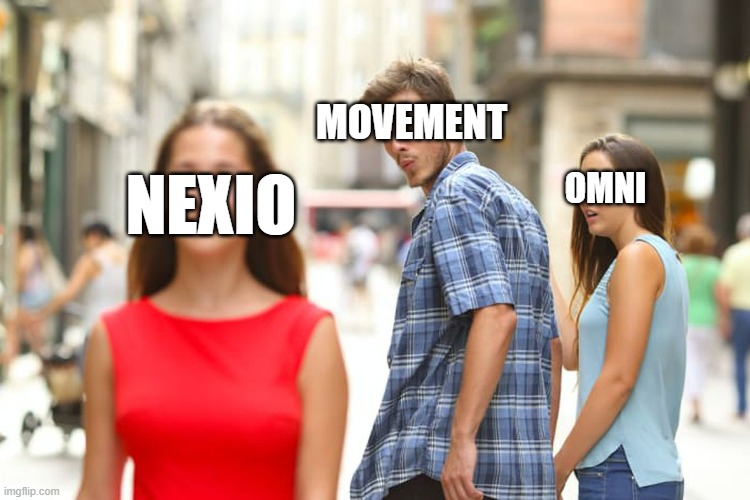 nexio X movemnet | MOVEMENT; NEXIO; OMNI | image tagged in memes,distracted boyfriend | made w/ Imgflip meme maker