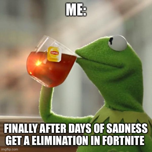 Fortnite | ME:; FINALLY AFTER DAYS OF SADNESS GET A ELIMINATION IN FORTNITE | image tagged in memes,but that's none of my business,kermit the frog | made w/ Imgflip meme maker