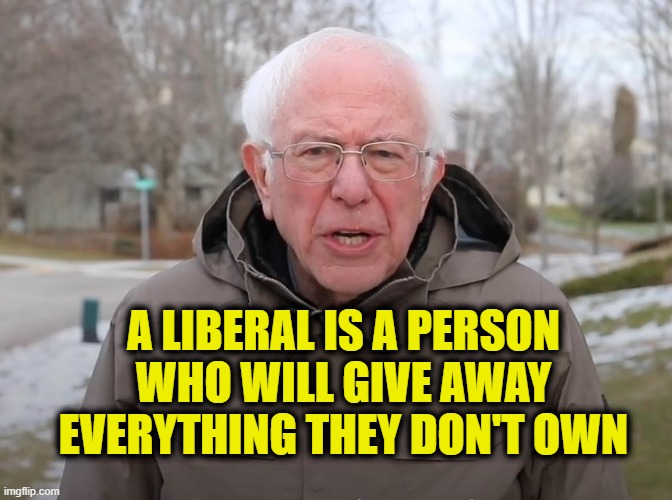 A liberal is a person who will give away everything they don't own | A LIBERAL IS A PERSON WHO WILL GIVE AWAY EVERYTHING THEY DON'T OWN | image tagged in bernie sanders,democrats,stupid liberals,political meme,leftists,socilaists | made w/ Imgflip meme maker