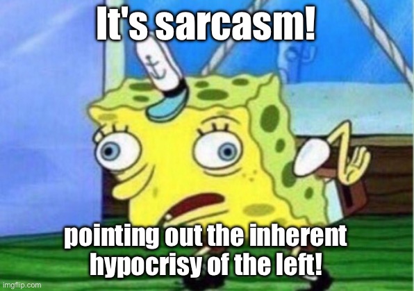 It's sarcasm! pointing out the inherent hypocrisy of the left! | image tagged in memes,mocking spongebob | made w/ Imgflip meme maker