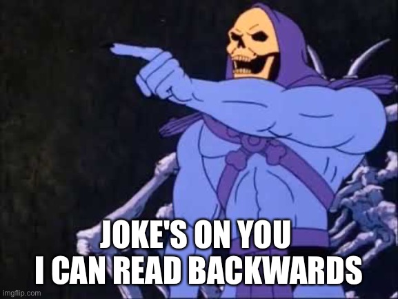 Skeletor | JOKE'S ON YOU 
I CAN READ BACKWARDS | image tagged in skeletor | made w/ Imgflip meme maker