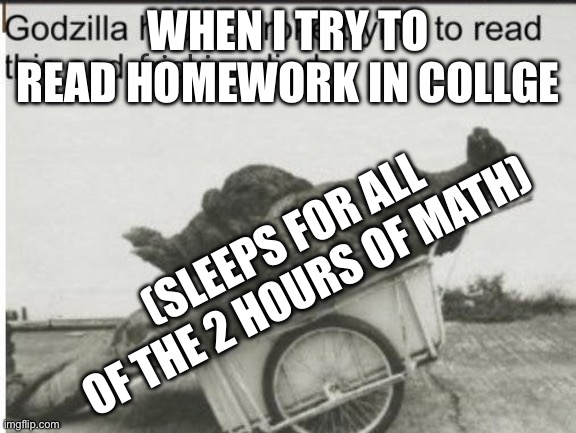 WHEN I TRY TO READ HOMEWORK IN COLLGE (SLEEPS FOR ALL OF THE 2 HOURS OF MATH) | image tagged in godzilla had a stroke trying to read this and fricking died | made w/ Imgflip meme maker