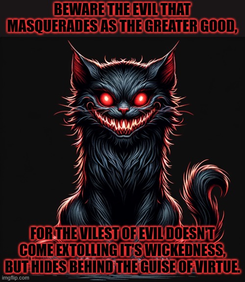 And the purveyors of wickedness expound their virtues. | BEWARE THE EVIL THAT MASQUERADES AS THE GREATER GOOD, FOR THE VILEST OF EVIL DOESN'T COME EXTOLLING IT'S WICKEDNESS, BUT HIDES BEHIND THE GUISE OF VIRTUE. | image tagged in demon cat,evil,good,devil in disguise | made w/ Imgflip meme maker