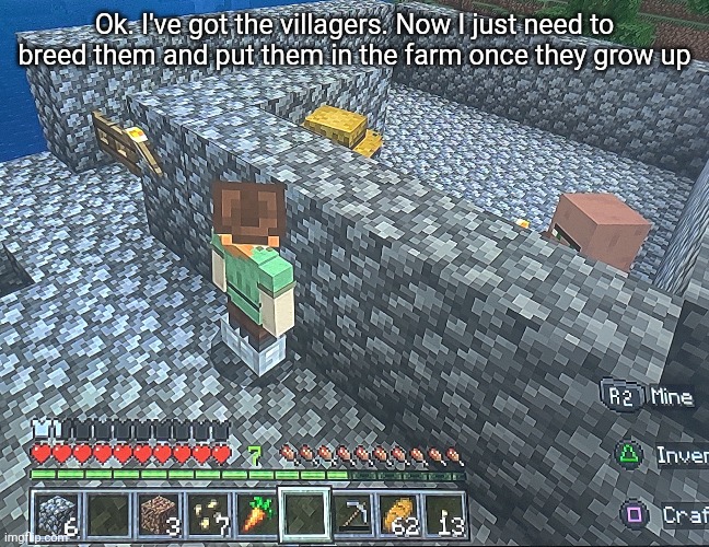 I've built the iron farm so that it also works as a trading hall | Ok. I've got the villagers. Now I just need to breed them and put them in the farm once they grow up | made w/ Imgflip meme maker