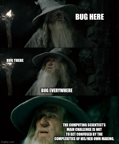 Bugs in the code | BUG HERE; BUG THERE; BUG EVERYWHERE; THE COMPUTING SCIENTIST’S MAIN CHALLENGE IS NOT TO GET CONFUSED BY THE COMPLEXITIES OF HIS/HER OWN MAKING. | image tagged in memes,confused gandalf | made w/ Imgflip meme maker