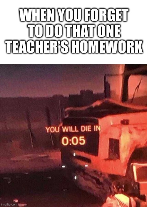 You will die in 0:05 | WHEN YOU FORGET TO DO THAT ONE TEACHER’S HOMEWORK | image tagged in you will die in 0 05,memes,school,homework,teachers | made w/ Imgflip meme maker