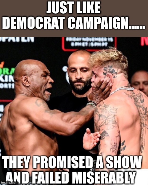 What a fluster cuck | JUST LIKE DEMOCRAT CAMPAIGN...... THEY PROMISED A SHOW AND FAILED MISERABLY | image tagged in mike tyson slaps jake paul | made w/ Imgflip meme maker