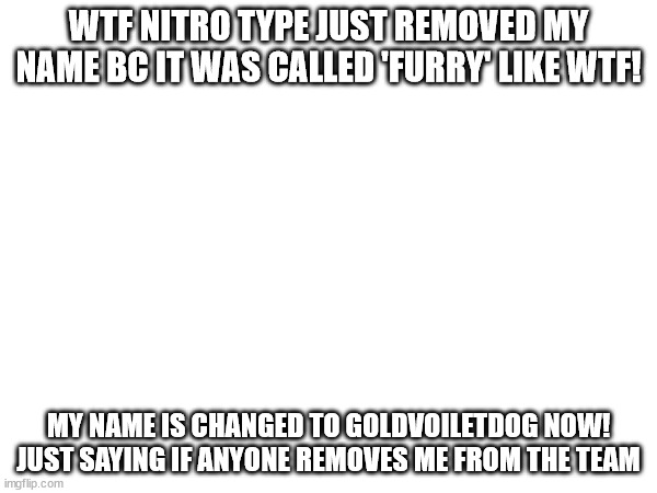 GRRRRRR I HATE NITRO TYPE!!!! | WTF NITRO TYPE JUST REMOVED MY NAME BC IT WAS CALLED 'FURRY' LIKE WTF! MY NAME IS CHANGED TO GOLDVOILETDOG NOW! JUST SAYING IF ANYONE REMOVES ME FROM THE TEAM | image tagged in memes | made w/ Imgflip meme maker