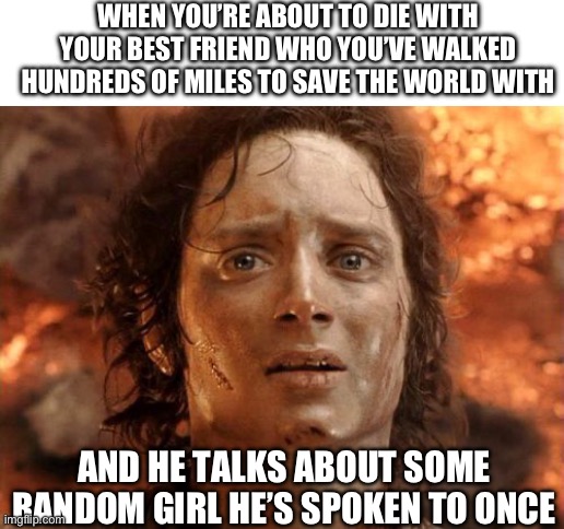 It's Finally Over | WHEN YOU’RE ABOUT TO DIE WITH YOUR BEST FRIEND WHO YOU’VE WALKED HUNDREDS OF MILES TO SAVE THE WORLD WITH; AND HE TALKS ABOUT SOME RANDOM GIRL HE’S SPOKEN TO ONCE | image tagged in memes,it's finally over | made w/ Imgflip meme maker