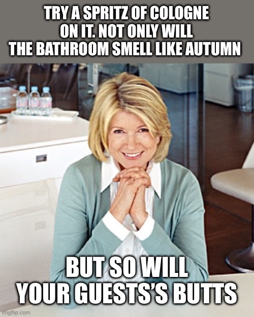 martha stewart | TRY A SPRITZ OF COLOGNE ON IT. NOT ONLY WILL THE BATHROOM SMELL LIKE AUTUMN BUT SO WILL YOUR GUESTS’S BUTTS | image tagged in martha stewart | made w/ Imgflip meme maker