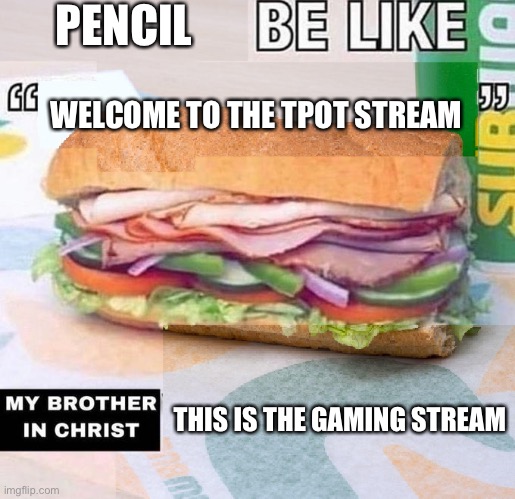 X be like "X", my brother in Christ, X | PENCIL WELCOME TO THE TPOT STREAM THIS IS THE GAMING STREAM | image tagged in x be like x my brother in christ x | made w/ Imgflip meme maker