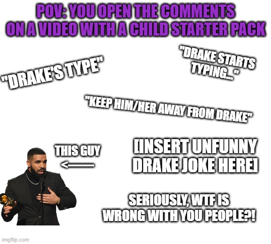 Joking about p€dophilia is NOT okay. | POV: YOU OPEN THE COMMENTS ON A VIDEO WITH A CHILD STARTER PACK; "DRAKE STARTS TYPING..."; "DRAKE'S TYPE"; "KEEP HIM/HER AWAY FROM DRAKE"; [INSERT UNFUNNY DRAKE JOKE HERE]; THIS GUY
<-------; SERIOUSLY, WTF IS WRONG WITH YOU PEOPLE?! | image tagged in memes,starter pack,dark humor,drake,not funny didn't laugh | made w/ Imgflip meme maker