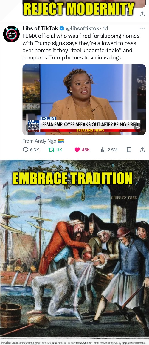 Bring It Back. Now: | REJECT MODERNITY; EMBRACE TRADITION | image tagged in tar and feather,reject modernity embrace tradition | made w/ Imgflip meme maker