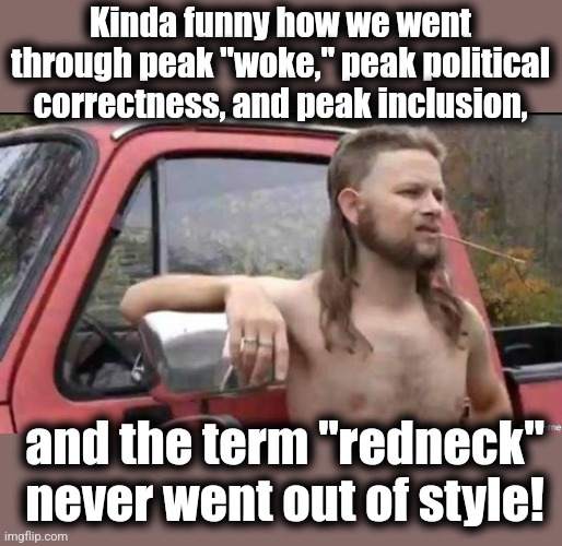 almost politically correct redneck | Kinda funny how we went through peak "woke," peak political correctness, and peak inclusion, and the term "redneck"
never went out of style! | image tagged in almost politically correct redneck,memes,dei,woke,hypocrisy,democrats | made w/ Imgflip meme maker