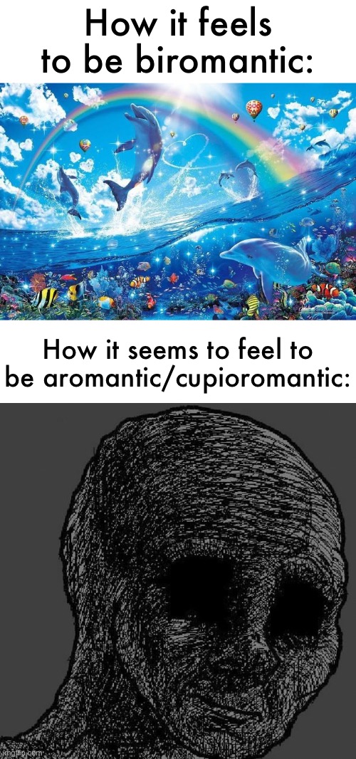 Was on r/aromantic and saw a lot of posts talking about hating it | How it feels to be biromantic:; How it seems to feel to be aromantic/cupioromantic: | image tagged in happy dolphin rainbow,cursed wojak | made w/ Imgflip meme maker