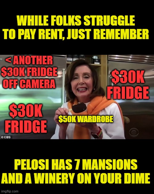 and insider trading /stock manipulation/crooked deals | WHILE FOLKS STRUGGLE TO PAY RENT, JUST REMEMBER; < ANOTHER $30K FRIDGE OFF CAMERA; $30K FRIDGE; $30K FRIDGE; $50K WARDROBE; PELOSI HAS 7 MANSIONS AND A WINERY ON YOUR DIME | image tagged in government corruption | made w/ Imgflip meme maker