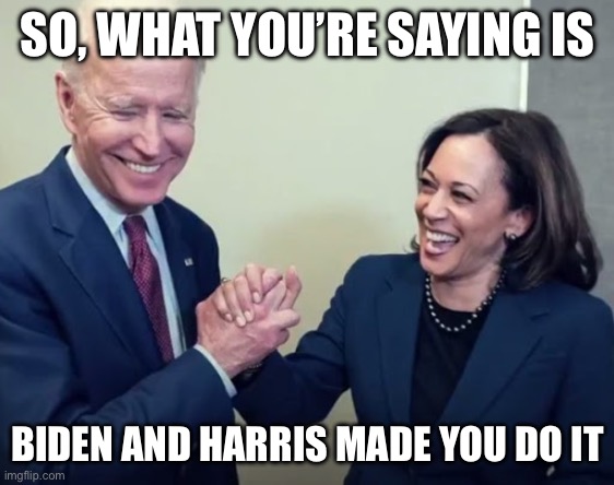 Biden and Harris | SO, WHAT YOU’RE SAYING IS BIDEN AND HARRIS MADE YOU DO IT | image tagged in biden and harris | made w/ Imgflip meme maker