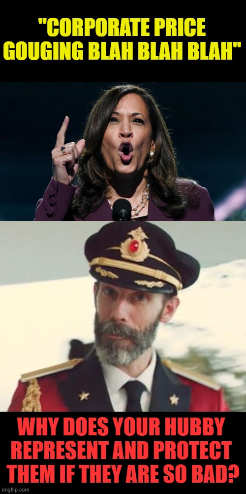 Merck and Walmart to name a few | "CORPORATE PRICE GOUGING BLAH BLAH BLAH"; WHY DOES YOUR HUBBY REPRESENT AND PROTECT  THEM IF THEY ARE SO BAD? | image tagged in kamala,captain obvious,hypocrisy | made w/ Imgflip meme maker