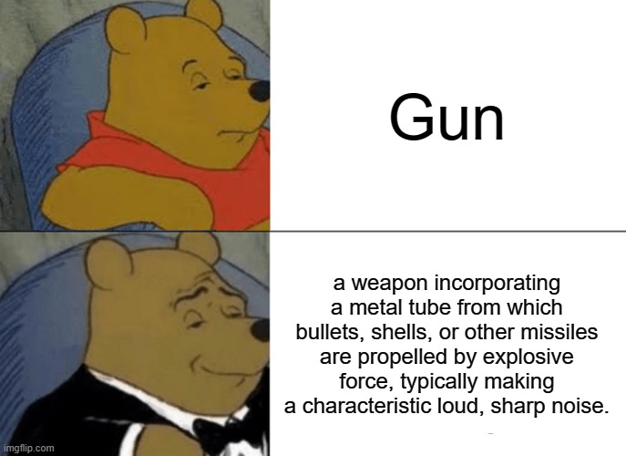 Super big brain | Gun; a weapon incorporating a metal tube from which bullets, shells, or other missiles are propelled by explosive force, typically making a characteristic loud, sharp noise. | image tagged in memes,tuxedo winnie the pooh,funny,guns,dark humor | made w/ Imgflip meme maker