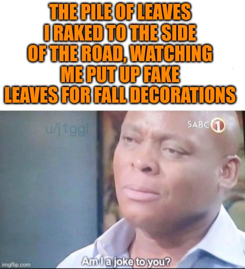 THE FAKE LEAVES JUST LOOK A LOT BETTER | THE PILE OF LEAVES I RAKED TO THE SIDE OF THE ROAD, WATCHING ME PUT UP FAKE LEAVES FOR FALL DECORATIONS | image tagged in am i a joke to you,memes,fall,autumn leaves,leaves,decorating | made w/ Imgflip meme maker