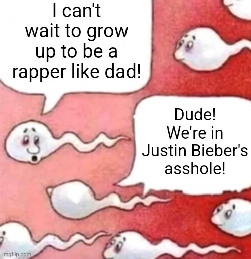 P. Diddy's sperm | I can't wait to grow up to be a rapper like dad! Dude! We're in Justin Bieber's asshole! | image tagged in sperm conversation,p diddy,justin bieber,pedophilia,sexual abuse,dark humor | made w/ Imgflip meme maker