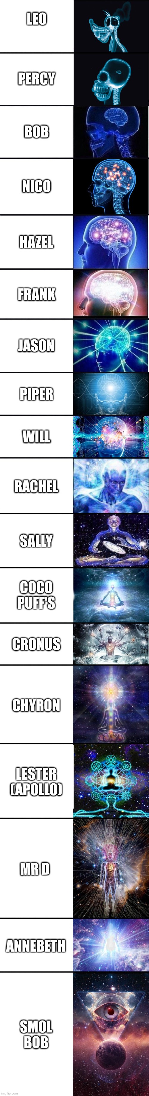 expanding brain: 9001 | LEO; PERCY; BOB; NICO; HAZEL; FRANK; JASON; PIPER; WILL; RACHEL; SALLY; COCO PUFF'S; CRONUS; CHYRON; LESTER (APOLLO); MR D; ANNEBETH; SMOL BOB | image tagged in expanding brain 9001 | made w/ Imgflip meme maker