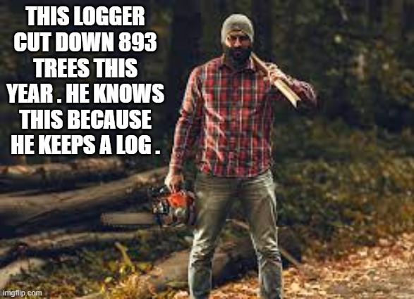 memes by Brad - Tree faller keeps a log to keep track of the trees he cuts down | THIS LOGGER CUT DOWN 893 TREES THIS YEAR . HE KNOWS THIS BECAUSE HE KEEPS A LOG . | image tagged in funny,fun,trees,play on words,humor | made w/ Imgflip meme maker