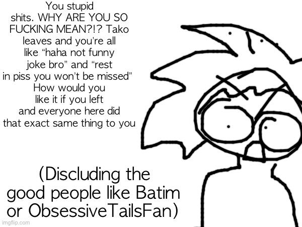 You stupid shits. WHY ARE YOU SO FUCKING MEAN?!? Tako leaves and you’re all like “haha not funny joke bro” and “rest in piss you won’t be missed” 
How would you like it if you left and everyone here did that exact same thing to you; (Discluding the good people like Batim or ObsessiveTailsFan) | made w/ Imgflip meme maker