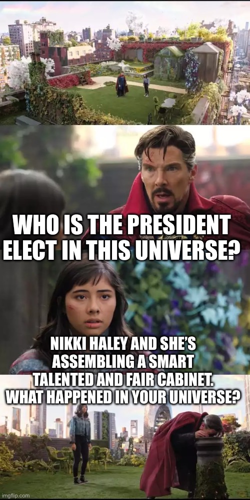 For the amusement of the one other nevertrump Republican floating around here somewhere | WHO IS THE PRESIDENT ELECT IN THIS UNIVERSE? NIKKI HALEY AND SHE’S ASSEMBLING A SMART TALENTED AND FAIR CABINET. WHAT HAPPENED IN YOUR UNIVERSE? | image tagged in what universe are we in | made w/ Imgflip meme maker