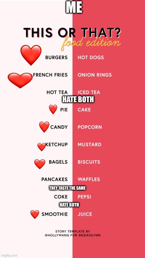 This Or That Food Edition | ME; HATE BOTH; THEY TASTE THE SAME; HATE BOTH | image tagged in this or that food edition | made w/ Imgflip meme maker