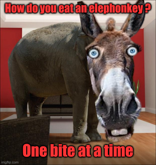 Get To Work ! | How do you eat an elephonkey ? One bite at a time | image tagged in the elephant in the room,political meme,politics,funny memes,funny,donkey | made w/ Imgflip meme maker