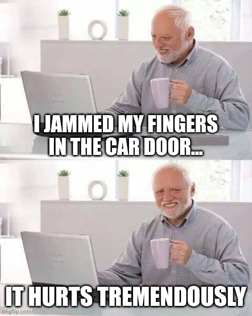 Ouch | I JAMMED MY FINGERS IN THE CAR DOOR... IT HURTS TREMENDOUSLY | image tagged in memes,hide the pain harold,jpfan102504 | made w/ Imgflip meme maker