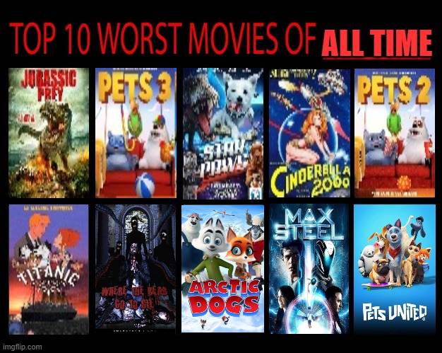 top 10 worst movies of all time | ALL TIME | image tagged in top 10 worst movies of blank,worse than hitler,movies,top 10,dumpster fire,unacceptable | made w/ Imgflip meme maker