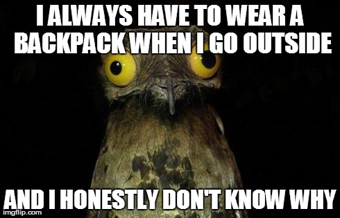 Weird Stuff I Do Potoo Meme | I ALWAYS HAVE TO WEAR A BACKPACK WHEN I GO OUTSIDE AND I HONESTLY DON'T KNOW WHY | image tagged in memes,weird stuff i do potoo | made w/ Imgflip meme maker