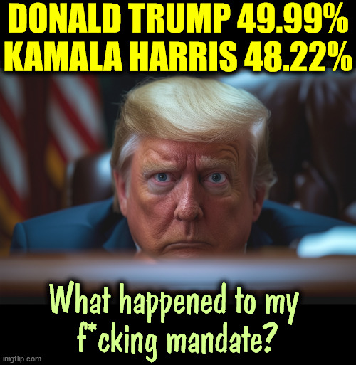 The Electoral College is rigged, in favor of Republicans. | DONALD TRUMP 49.99%
KAMALA HARRIS 48.22%; What happened to my 
f*cking mandate? | image tagged in trump,harris,popular vote,even,electoral college | made w/ Imgflip meme maker