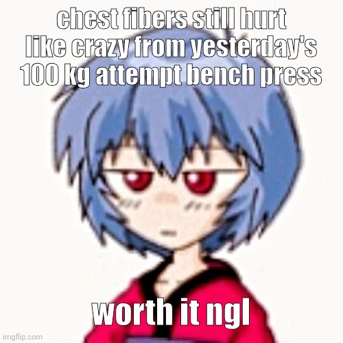 Rei :3 | chest fibers still hurt like crazy from yesterday's 100 kg attempt bench press; worth it ngl | image tagged in rei 3 | made w/ Imgflip meme maker