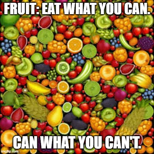 memes by Brad - Eat what you can & can what you can't - humor- | FRUIT: EAT WHAT YOU CAN. CAN WHAT YOU CAN'T. | image tagged in funny,fun,fruits,food memes,humor | made w/ Imgflip meme maker