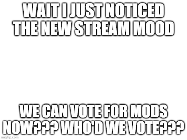 wowzers | WAIT I JUST NOTICED THE NEW STREAM MOOD; WE CAN VOTE FOR MODS NOW??? WHO'D WE VOTE??? | image tagged in e | made w/ Imgflip meme maker