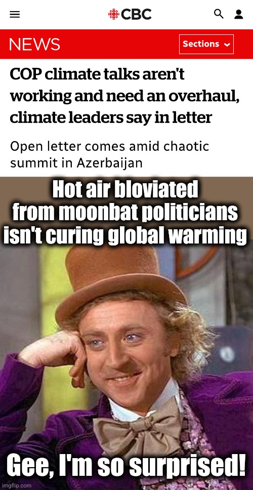 Maybe everybody jetting to an even more remote location would help! | Hot air bloviated from moonbat politicians isn't curing global warming; Gee, I'm so surprised! | image tagged in memes,creepy condescending wonka,cop29,baku,democrats,global warming | made w/ Imgflip meme maker