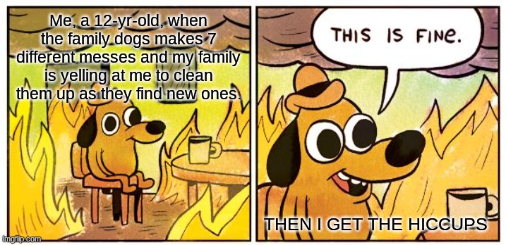 STRESS | Me, a 12-yr-old, when the family dogs makes 7 different messes and my family is yelling at me to clean them up as they find new ones. THEN I GET THE HICCUPS | image tagged in memes,this is fine | made w/ Imgflip meme maker