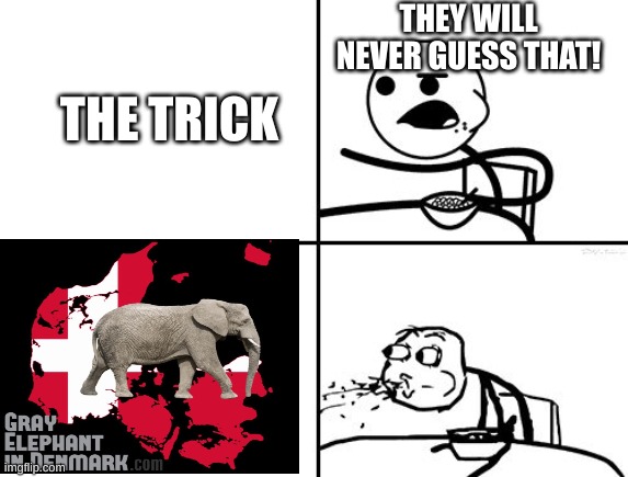 gray elephant from Denmark | THEY WILL NEVER GUESS THAT! THE TRICK | image tagged in he will never | made w/ Imgflip meme maker