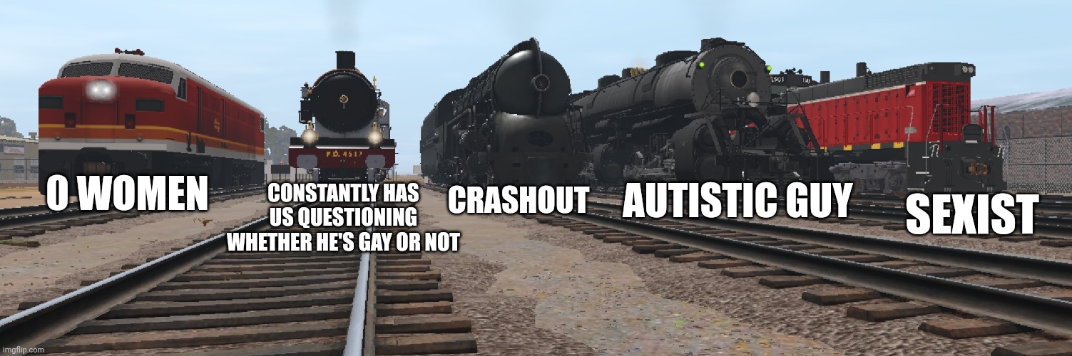 Friend groups in a nutshell | 0 WOMEN; CRASHOUT; AUTISTIC GUY; CONSTANTLY HAS US QUESTIONING WHETHER HE'S GAY OR NOT; SEXIST | made w/ Imgflip meme maker
