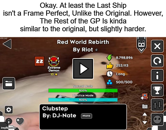 Red World Rebirth 100% | 73 Attempts | Okay. At least the Last Ship isn't a Frame Perfect, Unlike the Original. However,
The Rest of the GP Is kinda similar to the original, but slightly harder. | image tagged in geometry dash,achievement | made w/ Imgflip meme maker