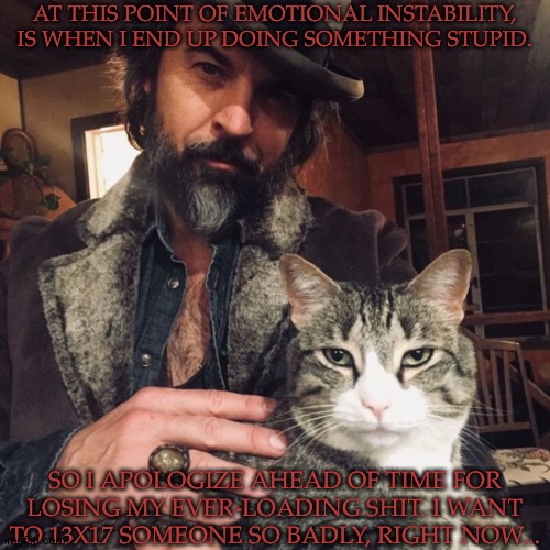 I HATE EMOTIONS, WHY CAN'T THEY GO AWAY AND LEAVE ME ALONE?! | AT THIS POINT OF EMOTIONAL INSTABILITY, IS WHEN I END UP DOING SOMETHING STUPID. SO I APOLOGIZE AHEAD OF TIME FOR LOSING MY EVER-LOADING SHIT. I WANT TO 13X17 SOMEONE SO BADLY, RIGHT NOW... | image tagged in theres a new sheriff in town,i should probably get off before something bad happens,fuck this shit | made w/ Imgflip meme maker