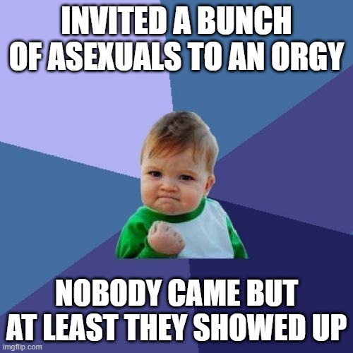 Asexual | INVITED A BUNCH OF ASEXUALS TO AN ORGY; NOBODY CAME BUT AT LEAST THEY SHOWED UP | image tagged in memes,success kid | made w/ Imgflip meme maker