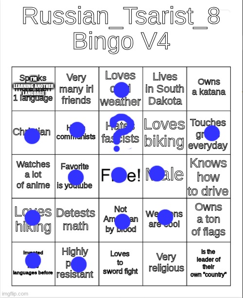 Russian_Tsarist_8 Bingo V4 | I'M LEARNING ANOTHER LANGUAGE | image tagged in russian_tsarist_8 bingo v4 | made w/ Imgflip meme maker